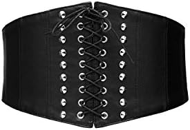 Metal Stud Waist Cincher Corset Faux Leather Lace Up Waspie Stretch 7" Wide Belt (Black, Silver)