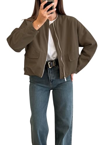 JerXox Women’s Cropped Jacket Puff Hem Utility Bomber Coat Patch Pockets at Amazon