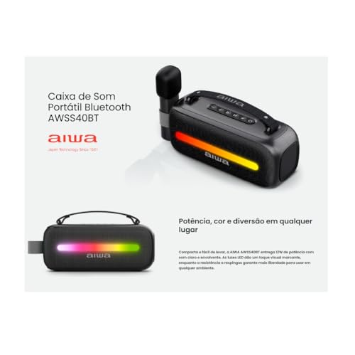 Aiwa Bocina Portátil Bluetooth AWS40BT con 12W de Potencia, Micrófono Inalámbrico para Karaoke, Luces RGB, Batería 6.5H, USB-C, Sonido Envolvente y Diseño Ideal para Fiestas y Reuniones