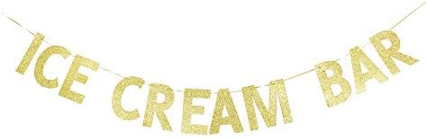 Ice Cream Bar Banner, Ice Cream Theme Party Sign, Kids/Children Birthday Decors Sign Garland Gold Gliter Paper