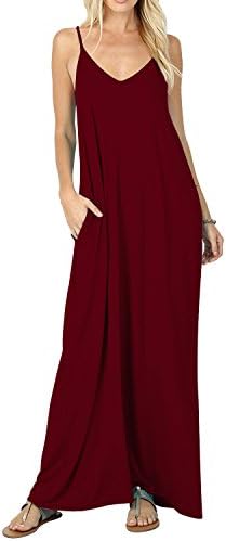 WANGZHI Women's Deep V Neck Adjustable Spaghetti Straps Summer Dress Sleeveless Sexy Backless Party Dresses with Pocket (S, 01-Wine Red)