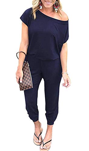 RichCoco Women's Floral Printed Jumpsuit Casual O Neck Loose Long Wide Legs Pants Jumpsuit Rompers with Pockets (Navy, L)
