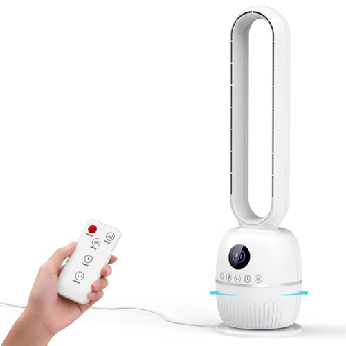 Teoryieer Tower Fan Without Blades, 90 cm Fan Without Blades, DC Motor, 12 Speeds, 12H Timer, Remote Control, LED Display, Automatic Oscillation 60°