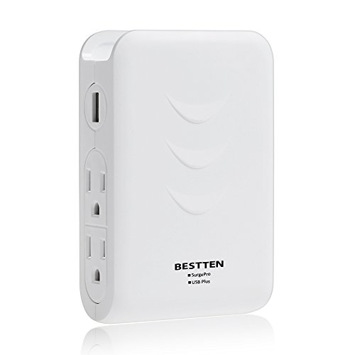 Bestten Side Wall Outlet Adapter Surge Protector with 2 USB Charging Ports (3.1A) and 4 Outlets, Top Cell Phone Dock, Portable for Travel or Home/Office Use, ETL Listed