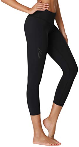 Oalka Women’s Yoga Capris Power Flex Running Pants Workout Leggings Black Outside Pockets Pattern Printing S