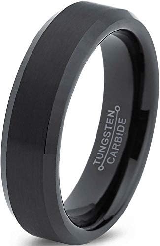 Charming Jewelers Tungsten Wedding Band Ring 6mm Men Women Comfort Fit Grey Black 18K Yellow Gold Plated Bevel Edge Brushed Polished