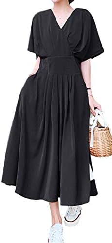 [スリーピングシープ] カシュクール ナチュラル ワンピース Vネック 半袖 ミモレ丈 シンプル ゆったり ロングワンピ フレアワンピース 5分袖 レディース