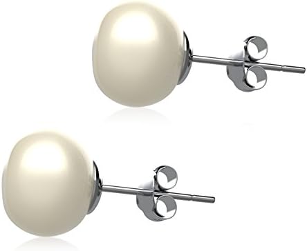 White Freshwater Button Pearl Earrings - AAA Quality - Rhodium Plated Sterling Silver 925 (9.0mm)