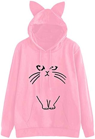 Cats Hoody Linqi1164 Women Long Sleeve Lovely Animals Print Pockets Shirts with Kangaroo Pockets Sweatshirt Hoodie Jumper Tops Blouse for Teens Girls