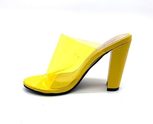 Women Transparent Block Mules Tan Heel Yellow