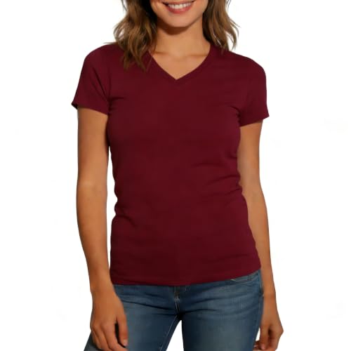 KikizYe Women's Breathable Cotton V Neck T-Shirt Burgundy Short Sleeves Basic Tee Summer Fashion Tops Tees Size 3X-Large at Amazon
