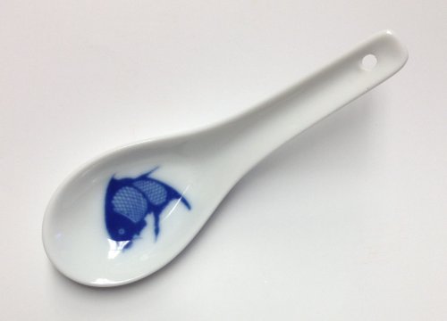 Chinese Porcelain Soup Spoons with Blue Fish Design - Set of 4