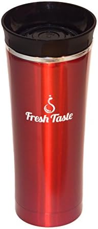 Stainless Steel Travel Tumbler by Fresh Taste ~ 16 oz Double Wall Vacuum Insulated Travel Mug ~ Push Button Opening ~ Leak Proof Lid ~ Built-In Tea Bag Hook - Holds Hot or Cold Liquid For Hours!
