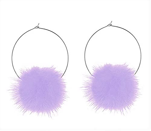 Fur Pom Pom Fluffy Earrings Cute Kawaii Festival Acessories Baby Pink White Black Green Silver (Lilac)