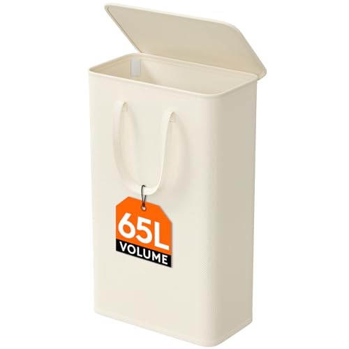 Panier a Linge avec Couvercle, Panier à Linge Sale Pliable, Panière à Linge Extra Plat, Corbeille a Linge avec Poignées Allongées pour Chambre, Salle de Bain, Buanderie, 65 L, Blanc