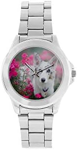 Christmas Gifts/Thanksgiving Day Gifts Lovely Dogs and Red Roses Unisex Stainless Steel Watch