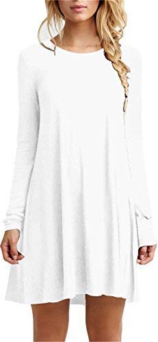 TINYHI Simple Plain Long Flowy Sleeve Flowy Dress(White,Medium)