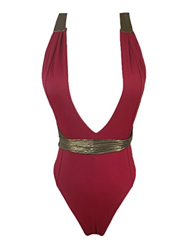 JadeRich Women's Solid Deep V High Cut Cross Back 1-Piece Thong Bikini Suit
