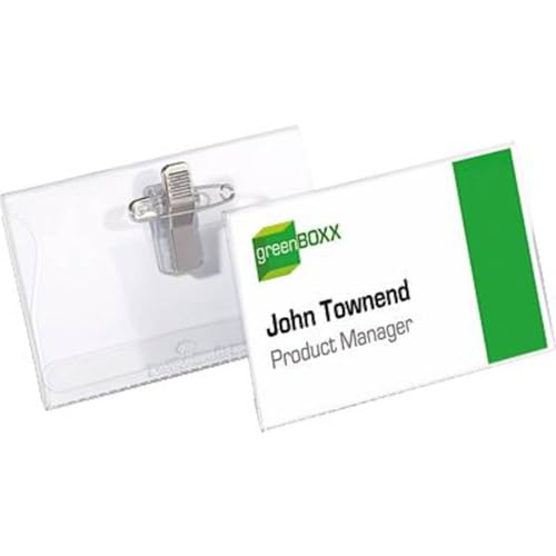 Durable Name Badge 54 x 90mm with Combi Clip - Transparent - Pack of 50 - Includes Blank Badge Maker Inserts - For Events and Visitor Management