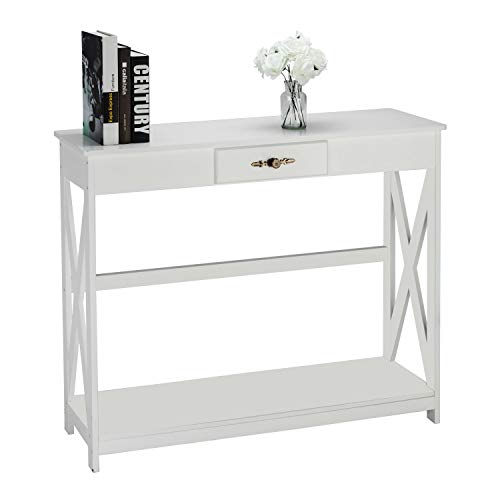 Bonnlo White Entryway Table with Drawer and Shelf, Slim Console Tables with Storage, Farmhouse