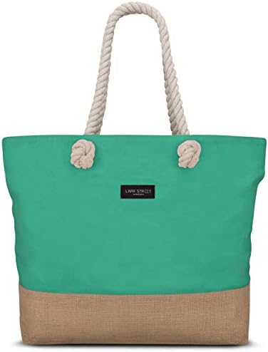 Beach Bag - LARK STREET Travel Tote for Women & Men Made of Sturdy Cotton Canvas & Jute - Swim Bag with Wide Rope Handles for Comfort - Large Carrier Bag with Zipper