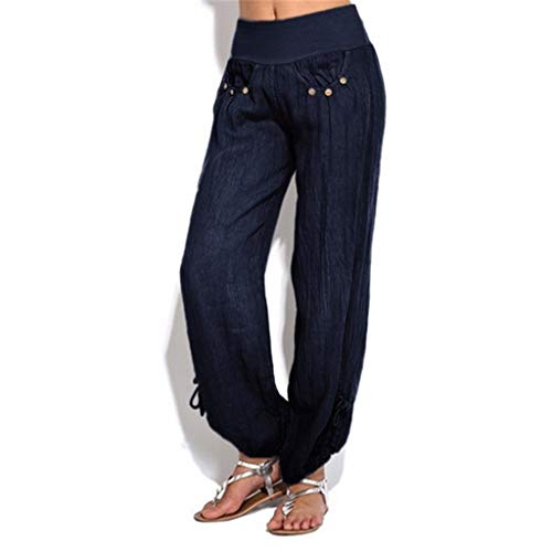 TIFENNY Fashion Harlan Trousers for Women Solid Buttons Cotton and Linen Casual Loose Trouser Wide Leg Pants Close The Foot Blue