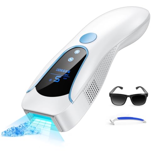 IPL Laser Epilator with Cooling Function, 19.35 J Pulsed Light Epilator with 9 Energy Level, 2 Modes, 999,900 Pulsed Light for Women and Men, Legs, Bikini, Armpits, Face, Blue Body