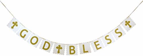 Baptism First Communion Banner 5.1" x 5.1" God Bless Christening Girl or Boy Baptism Party Backdrop Holy Communion Banner White Banner With Gold Letters Holy Religious Bunting Garland