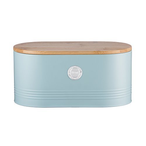 Typhoon Living Carbon Steel Bread Bin with Bamboo Lid, 13-Inches by 7-Inches by 6-1/4-Inches, Blue