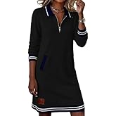 Belamoda Womens Long Sleeve Casual Dress Polo Collar Half-Zip Design Midi Dress with Pockets for Daily Outings
