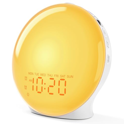 Wake Up Light Sunrise Alarm Clock for Kids, Heavy Sleepers, Bedroom, with Sunrise Simulation, Sleep Aid, Dual Alarms, FM Radio, Snooze, Nightlight, Daylight, 7 Colors, 7 Natural Sounds, Ideal for Gift