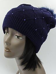 Women's Navy Blue Double Layered Winter Beanie Hat with Faux Fur Pom Pom. Bead Design. 100% Acrylic. One Size.