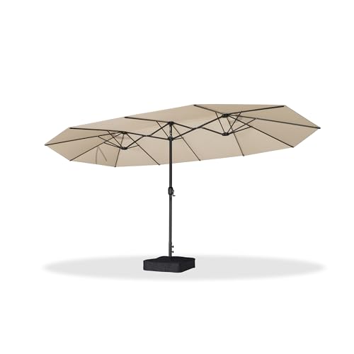 PURPLE LEAF 15ft Double-Sided Rectangle Patio Market Umbrella with Base, Crank Lift, 12 Black Heavy-Duty Ribs – Outdoor Sunshade for Pool, Beach, Deck, and Backyard Beige
