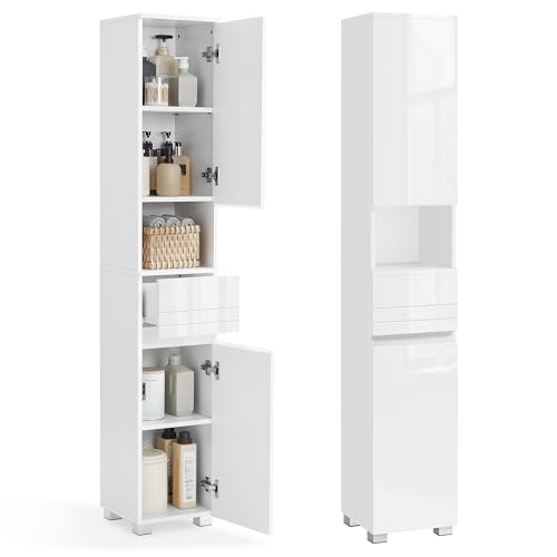 VASAGLE Armário Alto para Banheiro, Armário Estreito de Armazenamento, Armário Compacto, Unidade de Armazenamento para Banheiro, com Gaveta, Prateleiras Ajustáveis, 30 x 30 x 170 cm, Branco BBC560P31