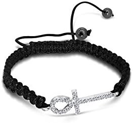 Shamballa Black Laced White CZ Encrusted Ahnk Cross Adjustable Bracelet
