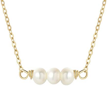 SEAYII Women Pearl Choker Bar Necklace Gold Dainty Chain 14K Gold Fill Natural Stone Garnet Pearls Circle Pendant Boho Beach Simple Delicate Handmade Gold Jewelry Gift