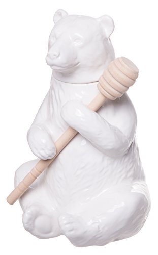 Red Co. Charming Ceramic Bear Honey Pot with Bamboo Honey Dipper, White, 7-inch