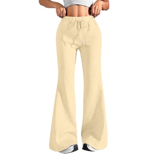 Baggy Joggers for Women UK Wide Flare Leg Trousers, Ladies High Waisted Solid Color Drawstring Lounge Sport Gym Pants with Pockets, Sweatpants Wide Leg Jogging Athletic Yoga Tracksuit Bottoms Beige