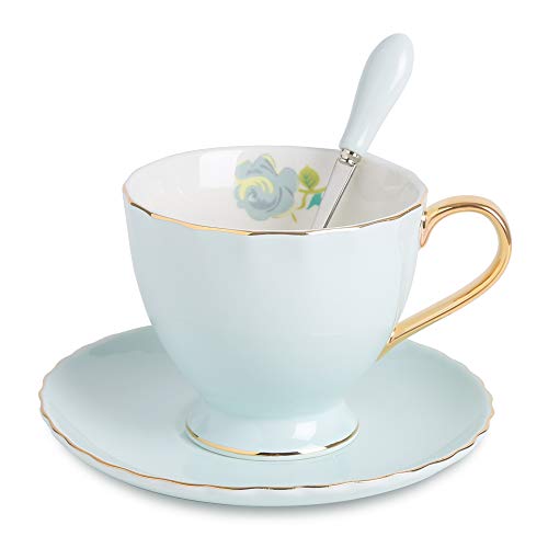 ARTVIGOR 12-Piece Silver Rimmed Coffee Tea Set fo with Saucers and Spoons New Bone China 6.8oz Teacups, 14.6 x 14 x 4.1 inches Blue