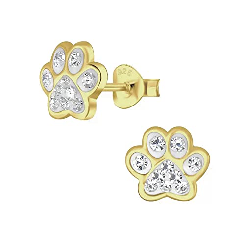 Dog Cat Paw Print Earrings with Clear Crystal Stones - 925 Sterling Silver Gold Plated
