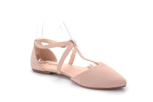 Mila Lady Laurel Womens Pointed Toe Ankle Strap T-Strap D'Orsay Dress Flats Shoes,NUDE6.5