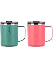 Reduce 14 oz Coffee Mug Set, 2 Pack – Stainless Steel Hot1 Desk Mug with Lid and Handle – Perfect Tea and Coffee Mug for the Home or Office – Fits Under Single Serve Machines – Green & Pink