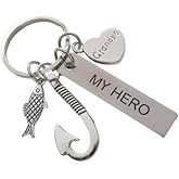 Grandpa Fishing Charm Keychain with Hook & Fish Charm, Grandpa Heart Charm, and My Hero Engraved Tag