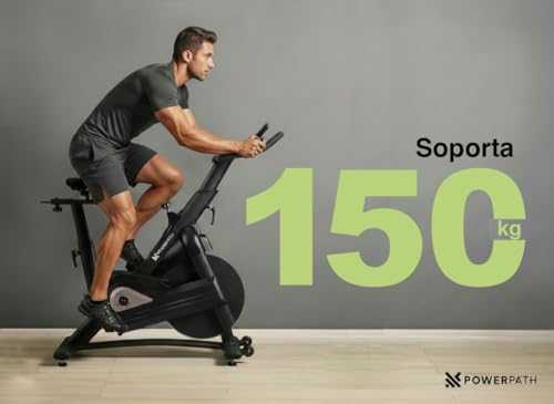 PowerPath - Bicicleta Estática para Spinning/Ejercicio en Casa, Disco de 13 kg, Bluetooth para APPs, Magnética, Robusta, Silenciosa con Monitor Electrónico, RPM - Bici Fija para Gym en Casa, Color Negro, Ajustable, 150 kg