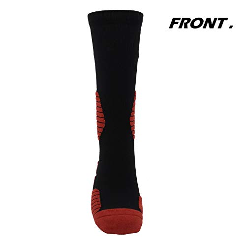 2 Pairs PK Elite Basketball Socks Dry Fit Warm Crew Sports Athletic Socks for Boy Girl Men Women (Black/Red X 2PK, L)