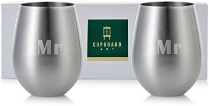 Mr/Mrs, Mr/Mr, or Mrs/Mrs: Set of 2 Stemless Stainless Steel Engraved Unbreakable and Shatterproof 18 oz Wine Glasses (Mr and Mr)