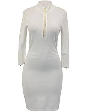 Studded Zip Front 3/4 Sleeve Knit Sweater Dress