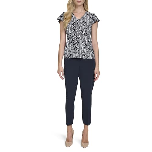 Tommy Hilfiger Women’s Suits V-Neck Flutter Sleeve Knit Top, Ivory/Midnight, L