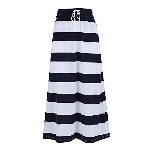 Clearance! Elogoog Womens Casual Elastic Waist Stripe Skirt Stretch Hight Waist Stripe Maxi Long Skirts with Pockets (L, Dark Blue)