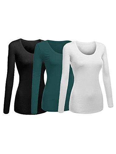 EmmaliseWomen's Junior and Plus Size Basic Scoop Neck Tshirt Long Sleeve Tee, 3XL, 3Pk Black, Green Teal, White